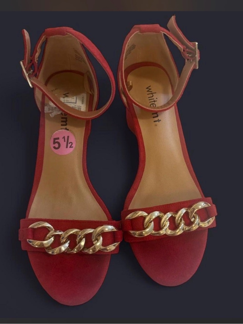 White Mountaineering Red Ankle-Strap Sandals with Gold Chain Detail